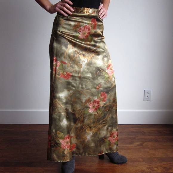 Satin Olive Green With Flowers Maxi Skirt - Picture 3 of 6